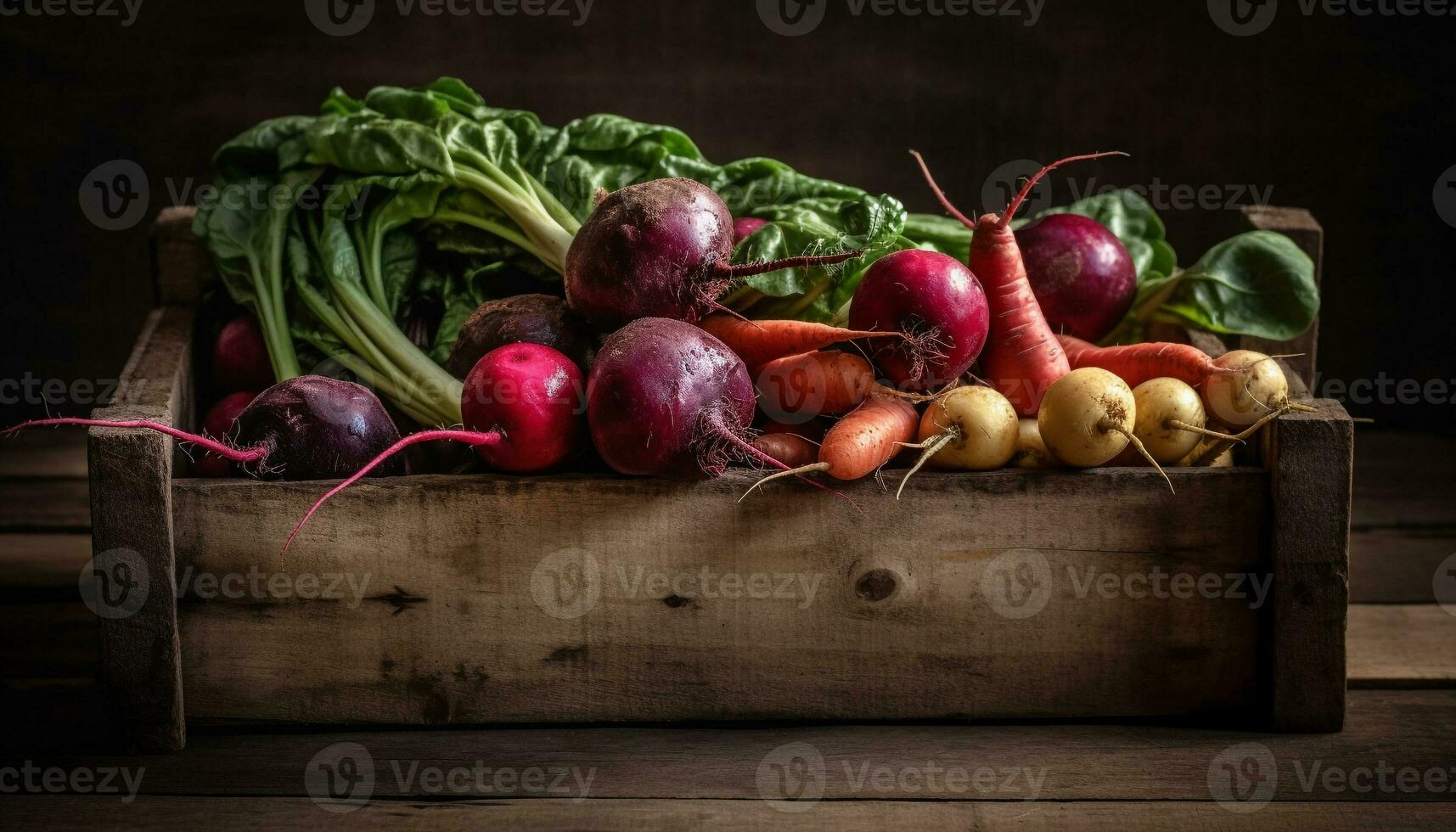 Healthy meal of fresh vegetables on rustic plank generated by AI photo
