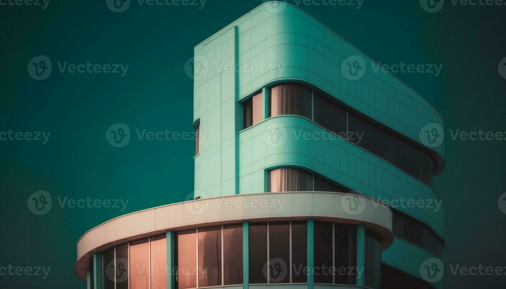 Futuristic skyscraper facade, illuminated by blue reflection generated by AI photo