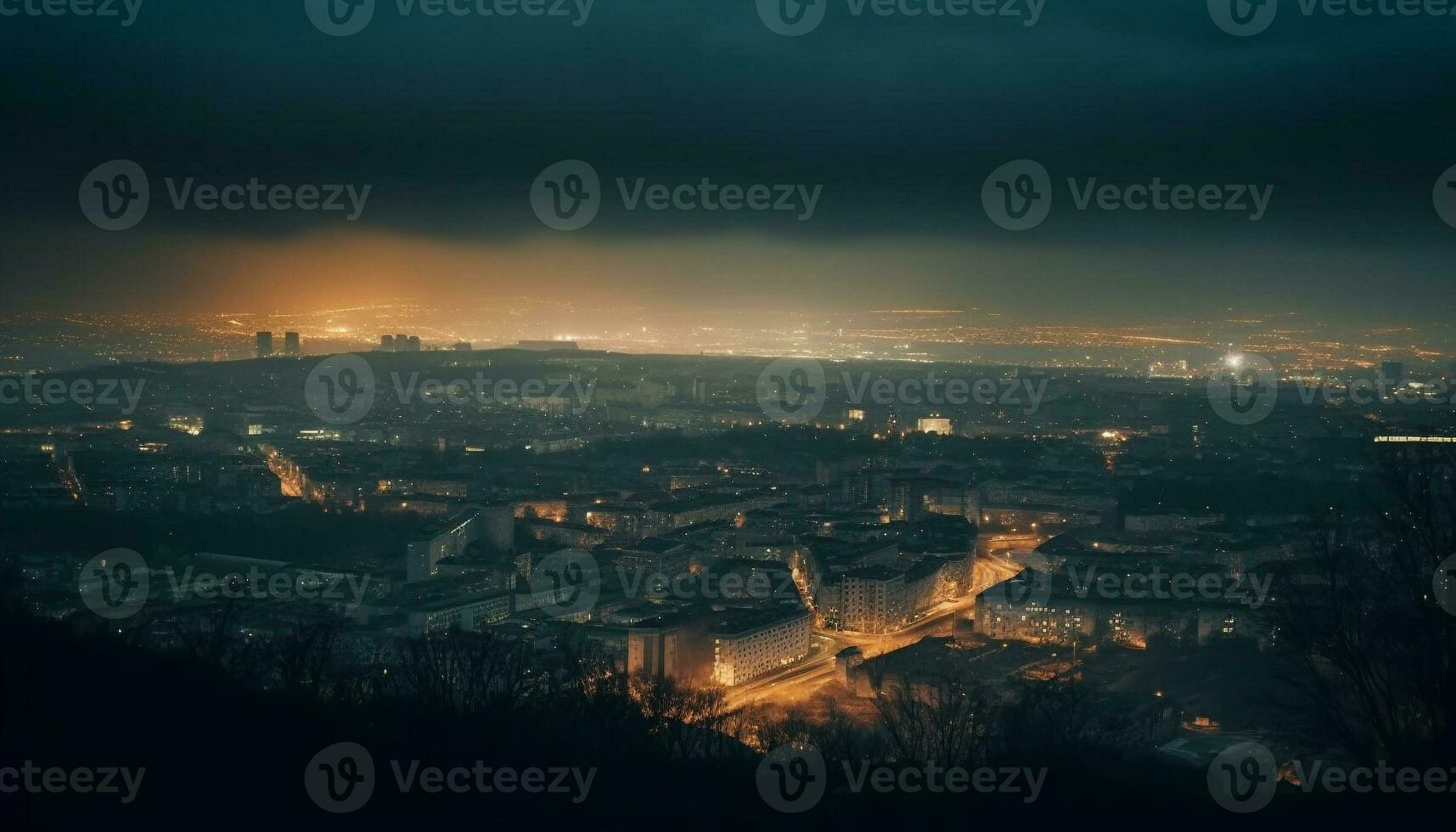 iluminado ciudad horizonte a oscuridad, alto ángulo ver generado por ai foto