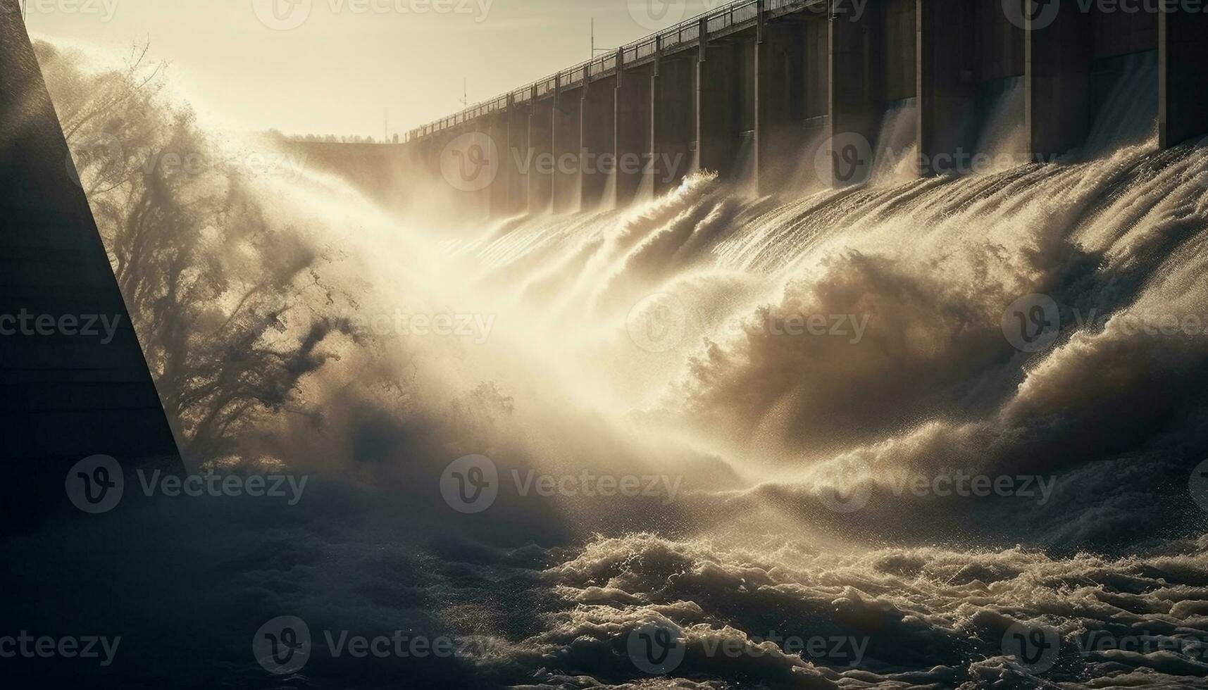 Hydroelectric power station generates electricity from flowing water generated by AI photo