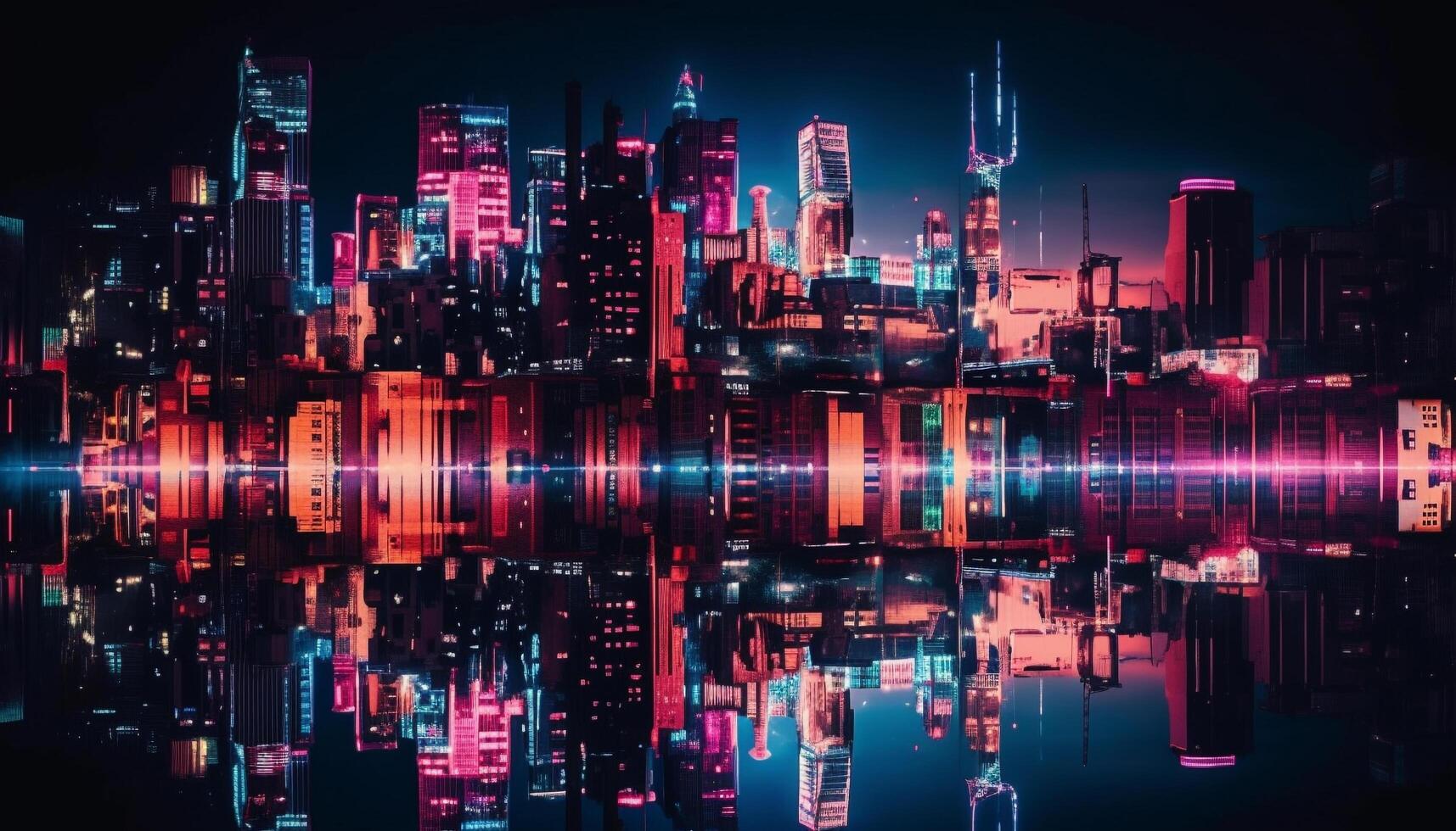 Futuristic skyscrapers illuminate the modern city skyline generated by AI photo