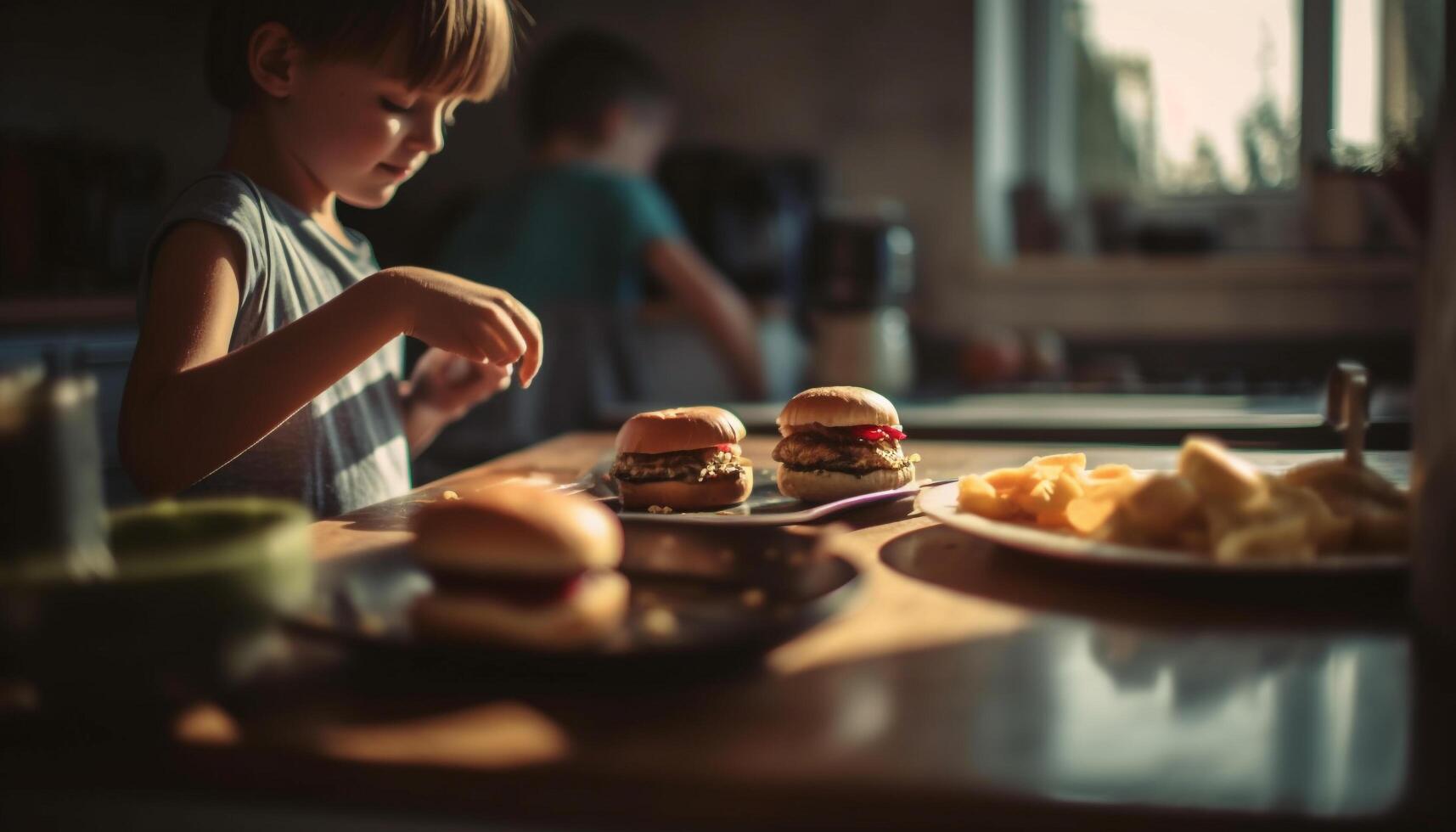 Two boys smiling, eating unhealthy cheeseburgers indoors generated by AI photo