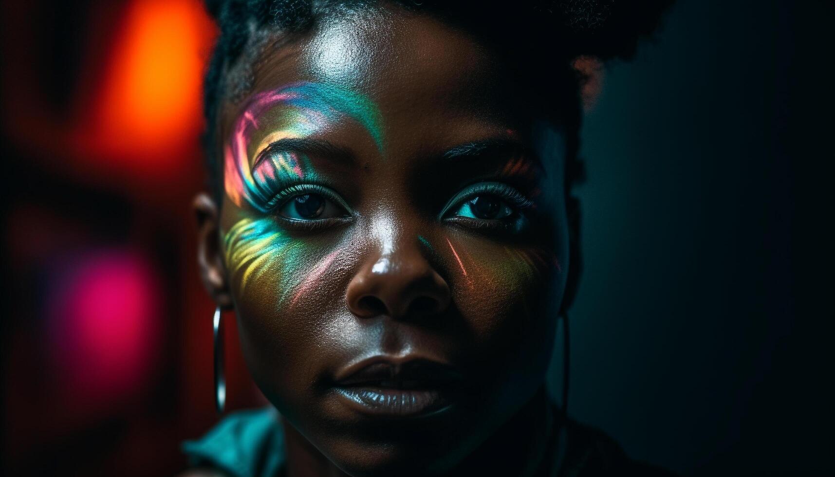 Beautiful African woman with glowing curly hair generated by AI photo