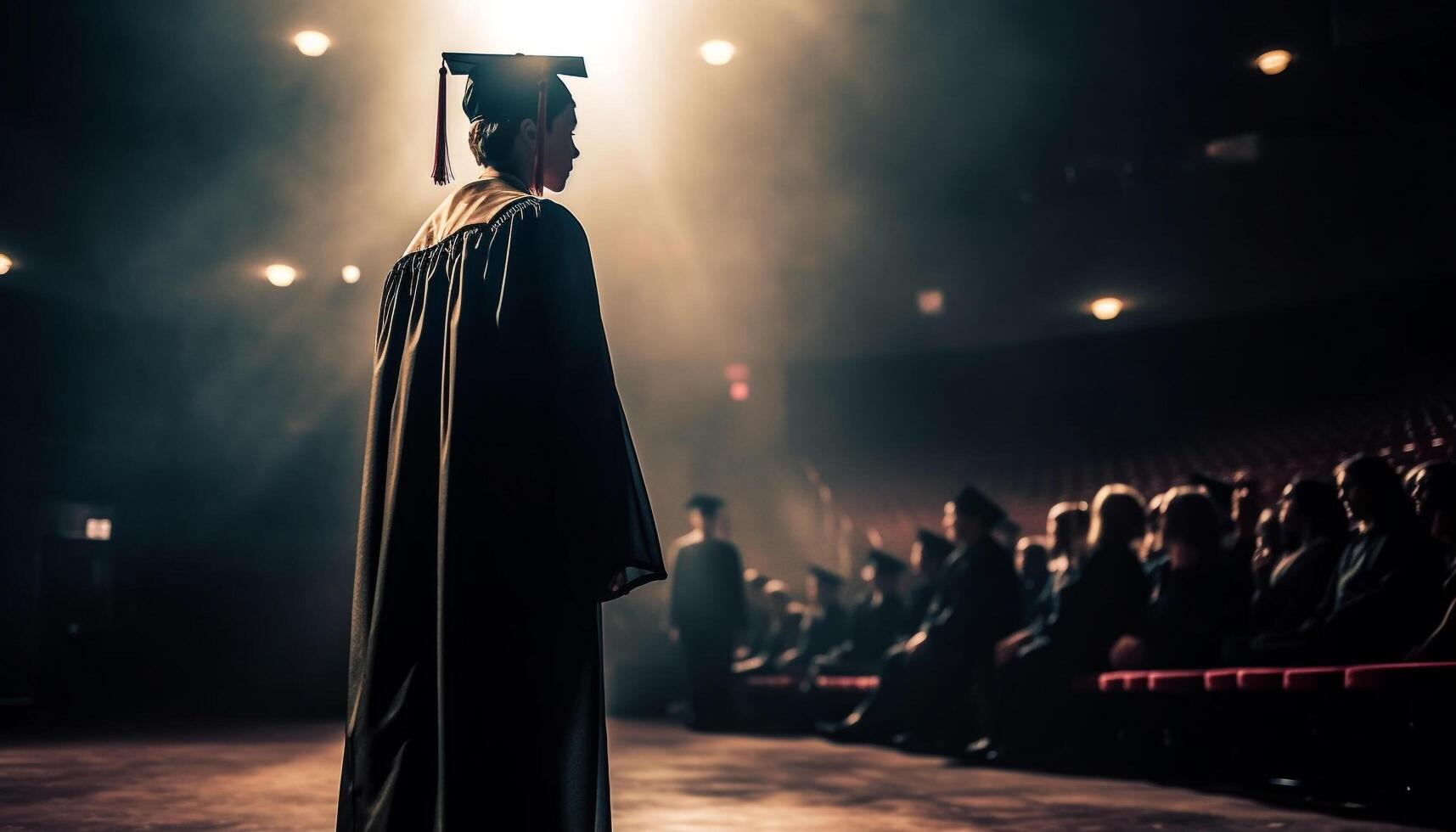 One young adult standing in illuminated spotlight generated by AI photo