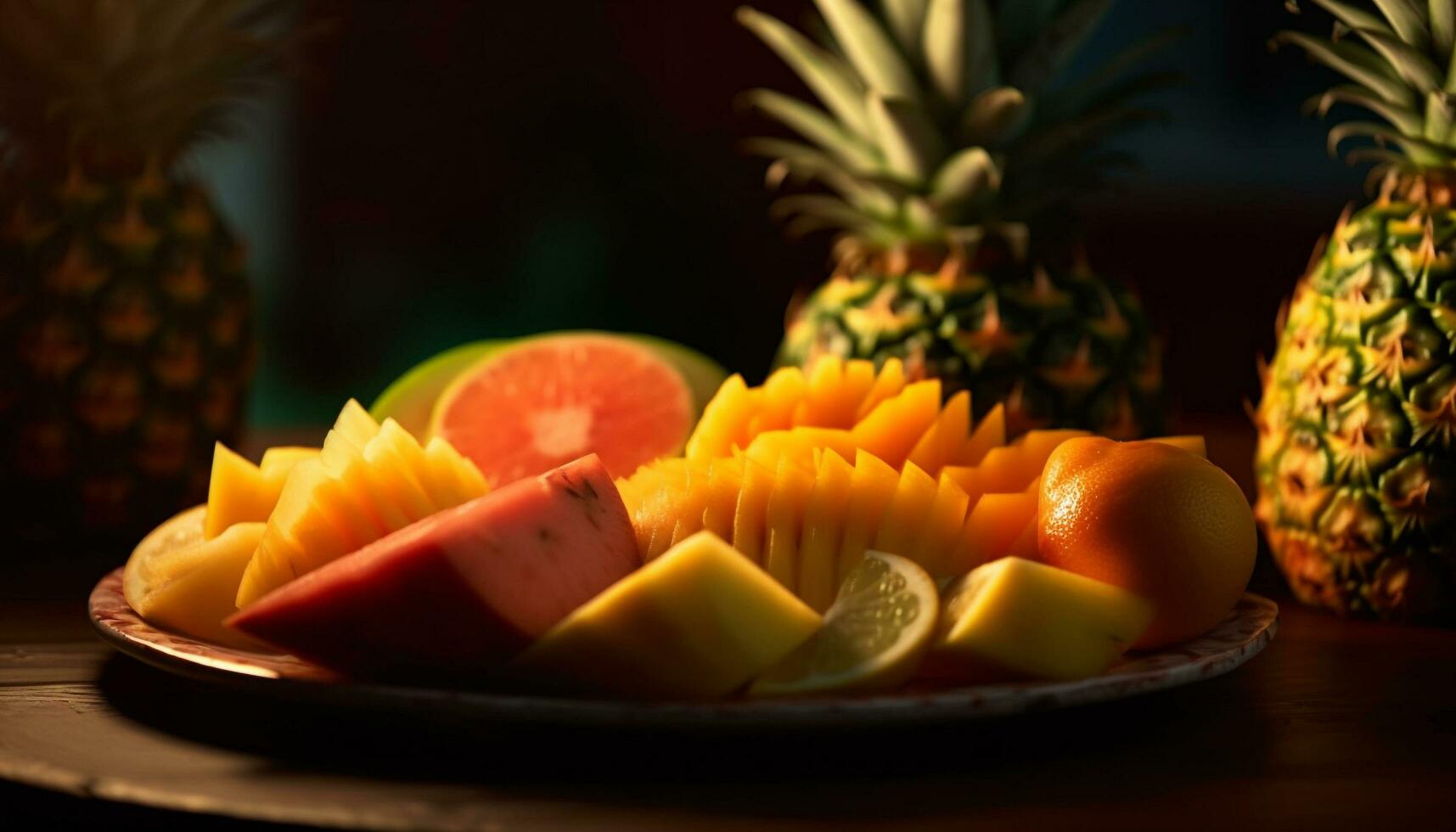 Fresco Fruta plato piña, melón, uva, agrios generado por ai foto