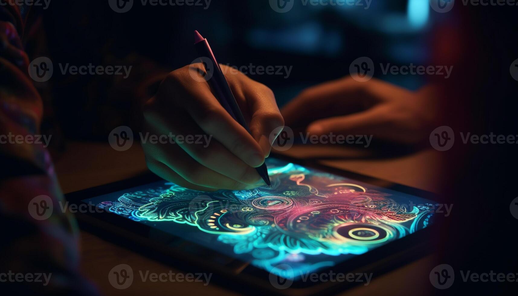 Creative artists at work, painting colorful patterns generated by AI photo