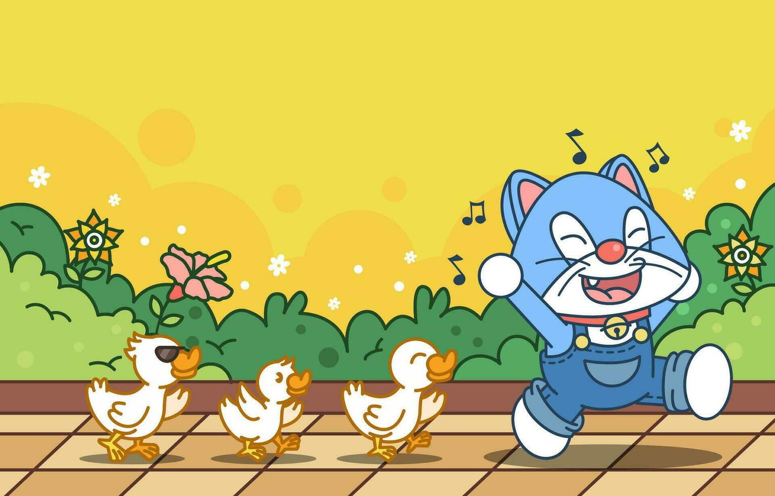 Doll Cat Playing with Ducks vector