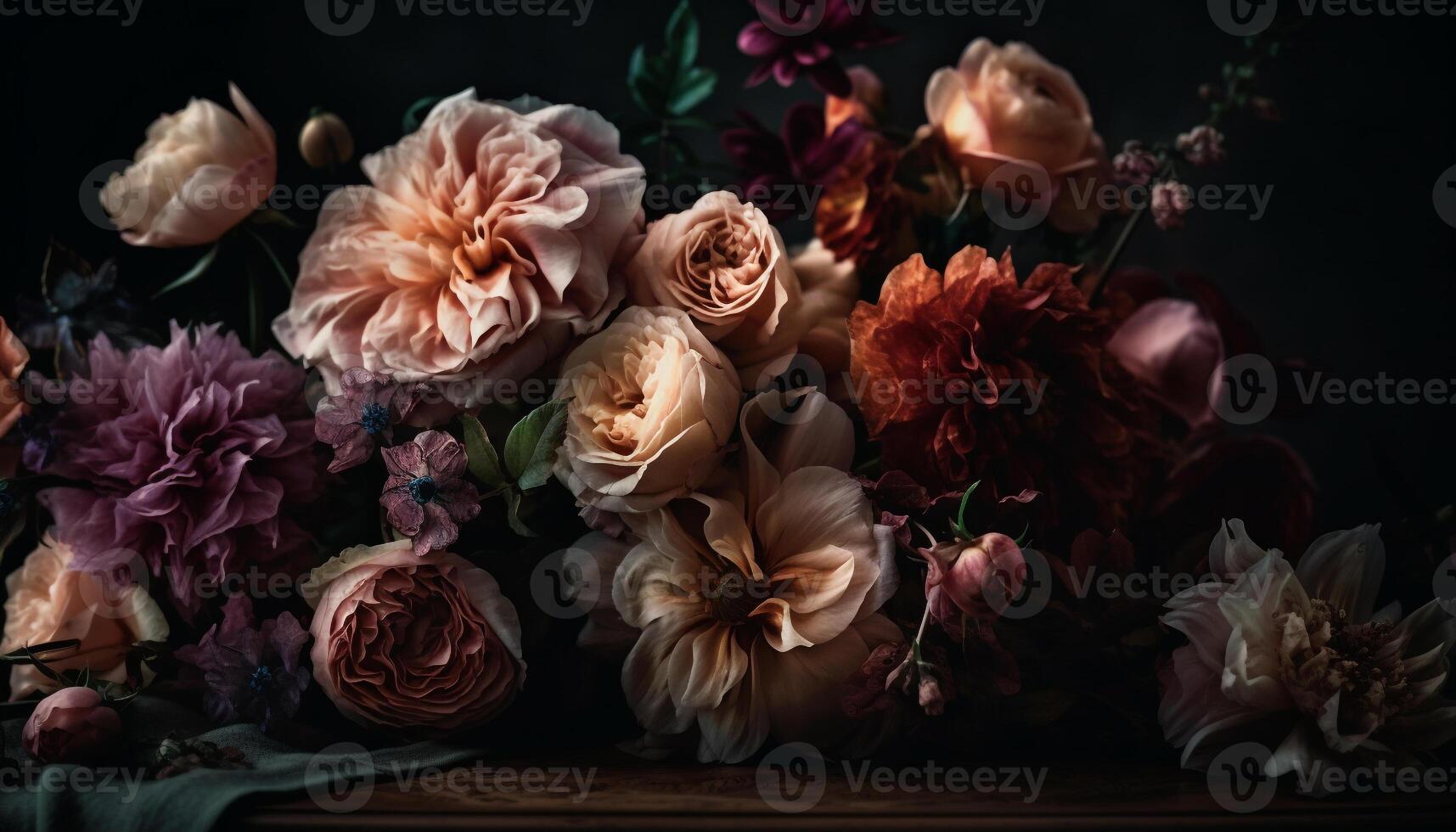 Romantic bouquet of fresh flowers on wooden table generated by AI photo