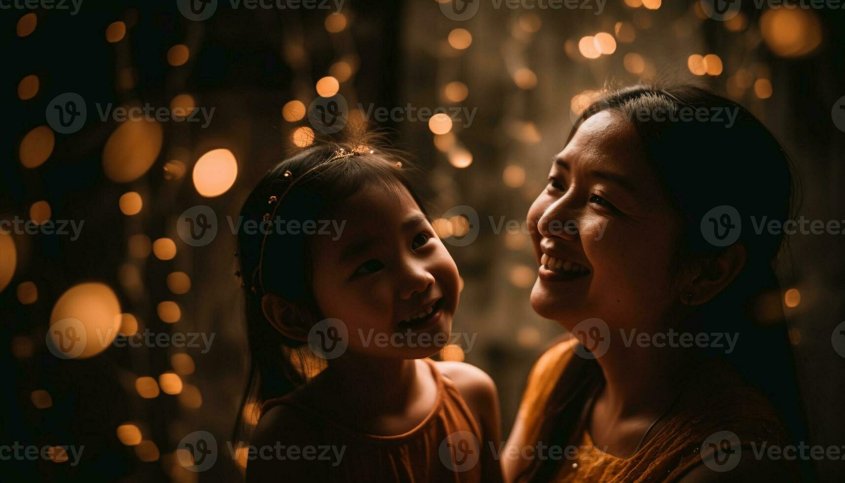 Mother and daughter embrace under Christmas tree generated by AI photo