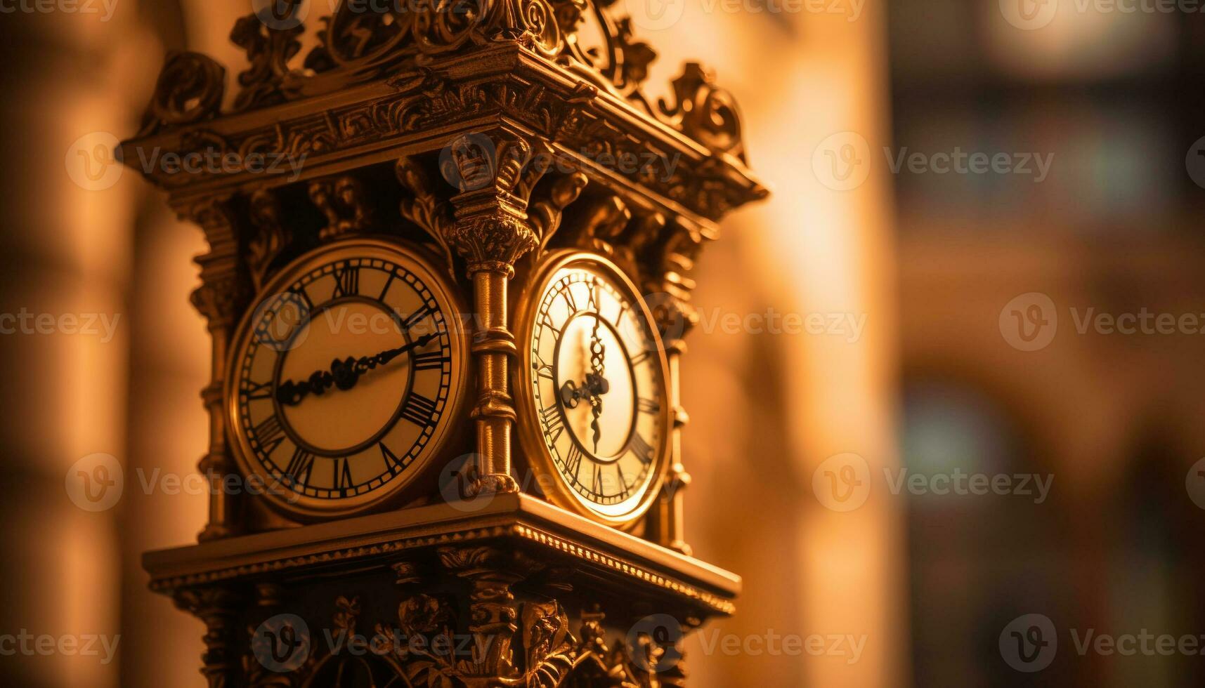 Clock tower ornate illuminates city life generated by AI photo