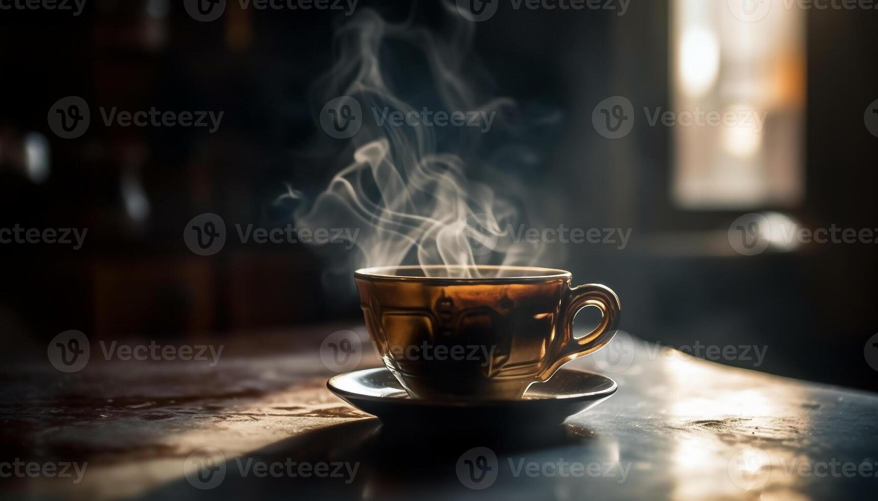 Steam rises from hot coffee on table generated by AI 24904818 Stock