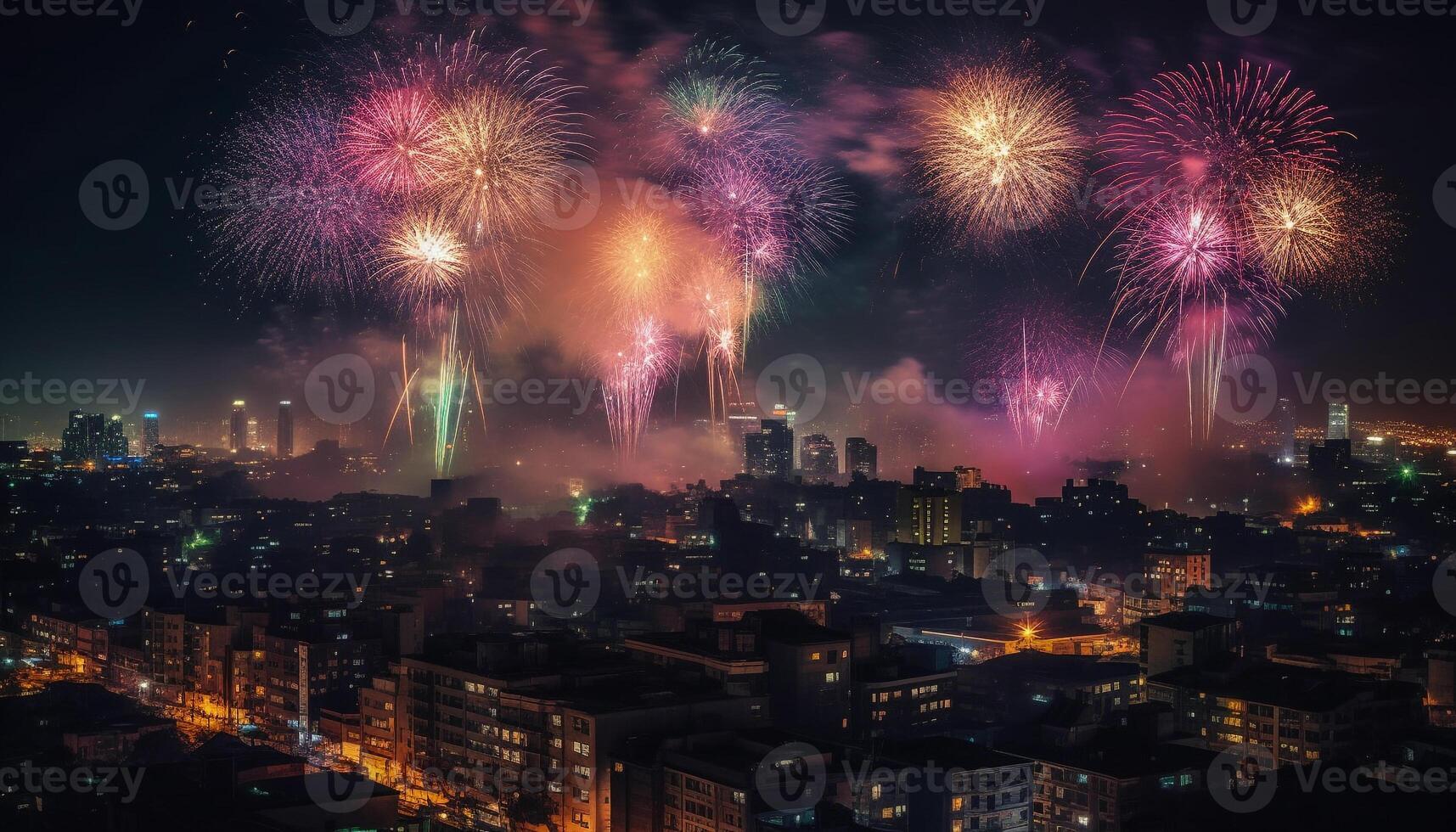 fuegos artificiales iluminar urbano horizonte a noche generado por ai foto