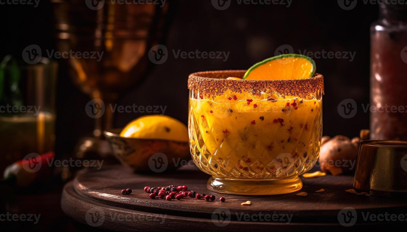 Fresh fruit cocktail on rustic wooden table generated by AI photo