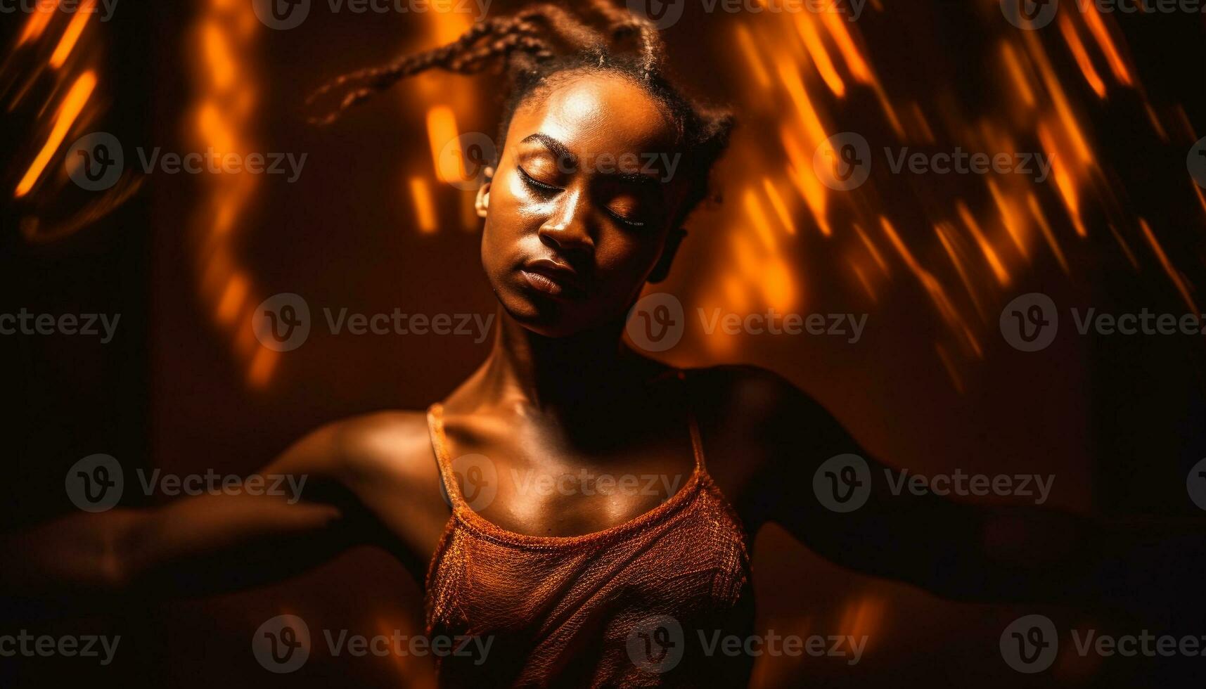 joven africano mujer sonriente, bailando en Club nocturno generado por ai foto