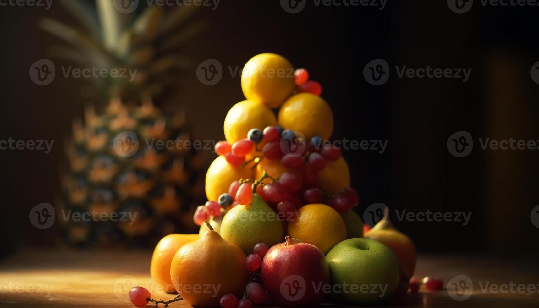 Fresh fruit on wooden table, healthy lifestyle generated by AI photo