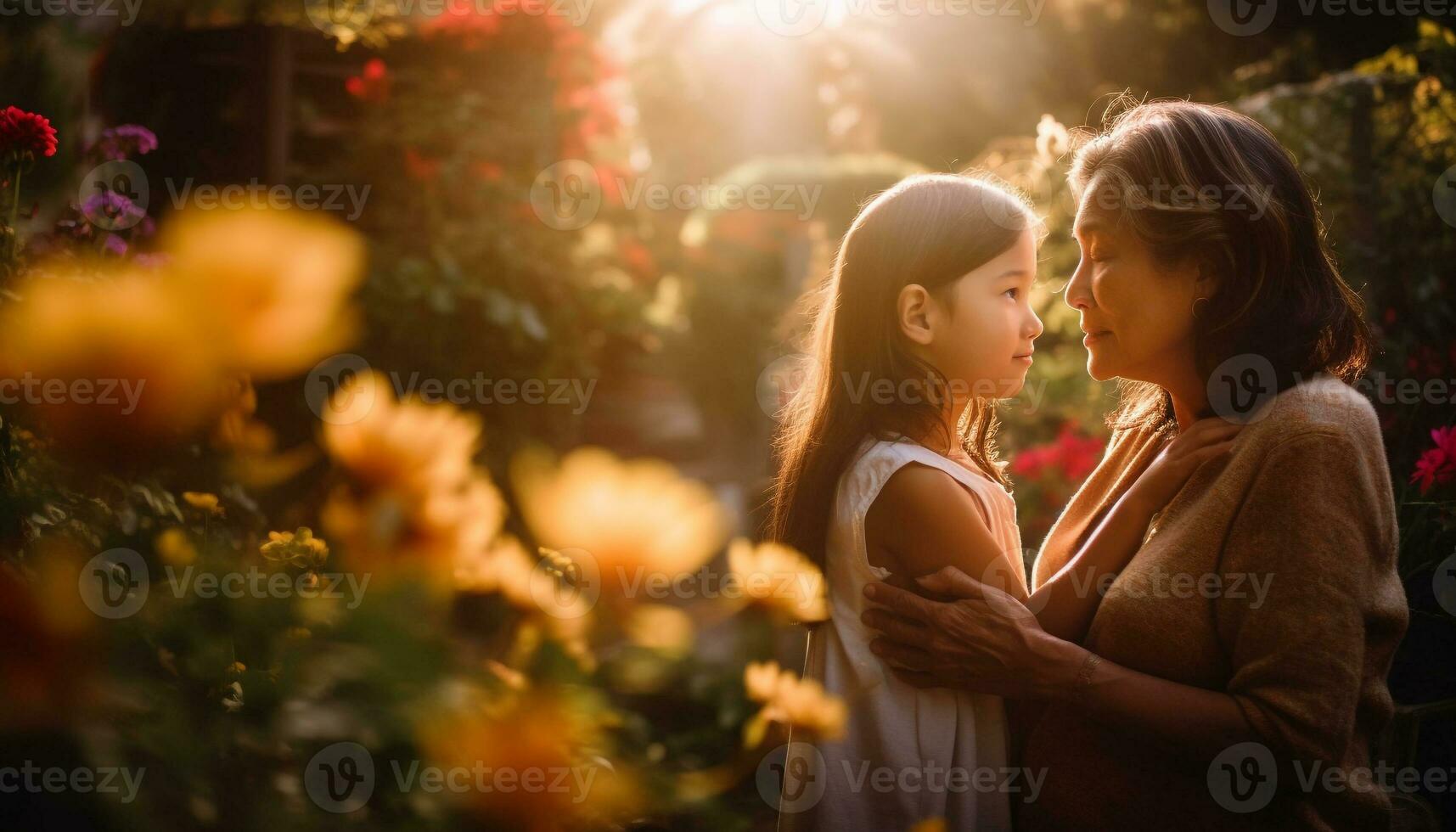 Mother and daughter embrace in carefree joy generated by AI photo