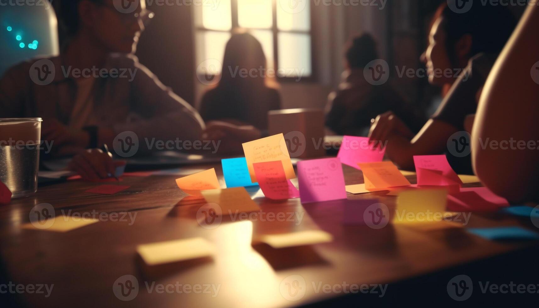 Young adults brainstorming ideas at office desk generated by AI photo