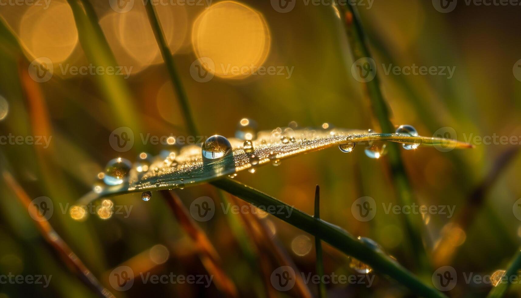 Fresh dew drops on green grass blades generated by AI photo