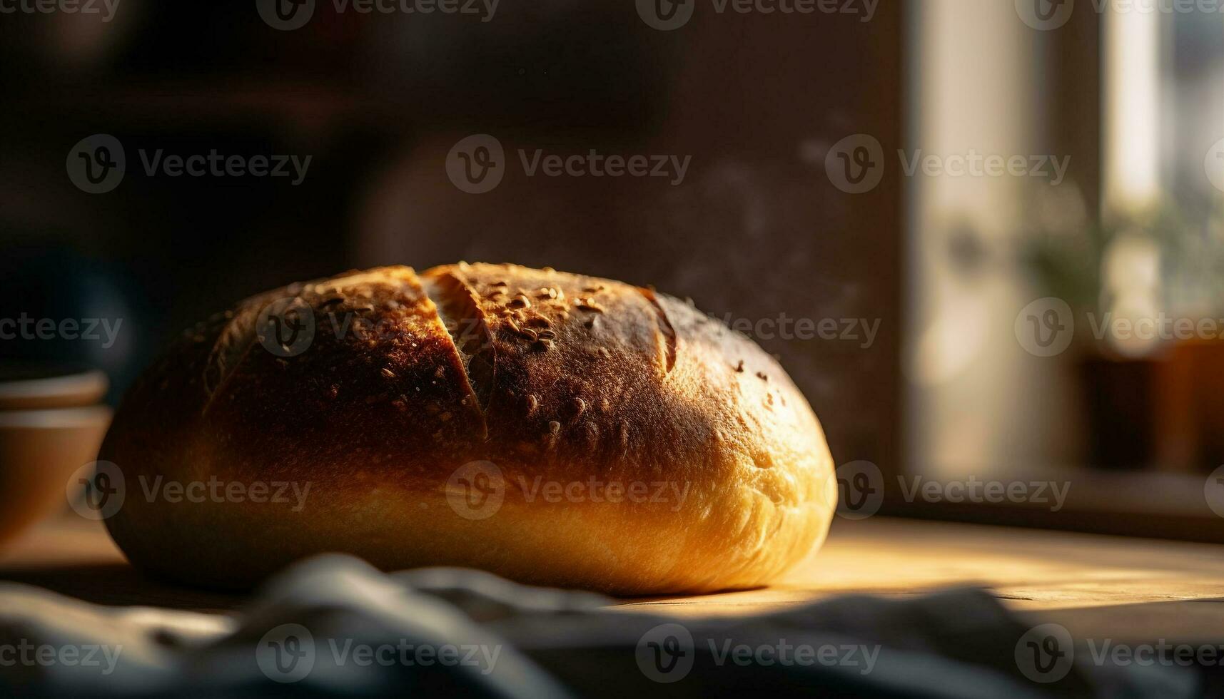 Freshly baked bread on rustic wooden table generated by AI photo
