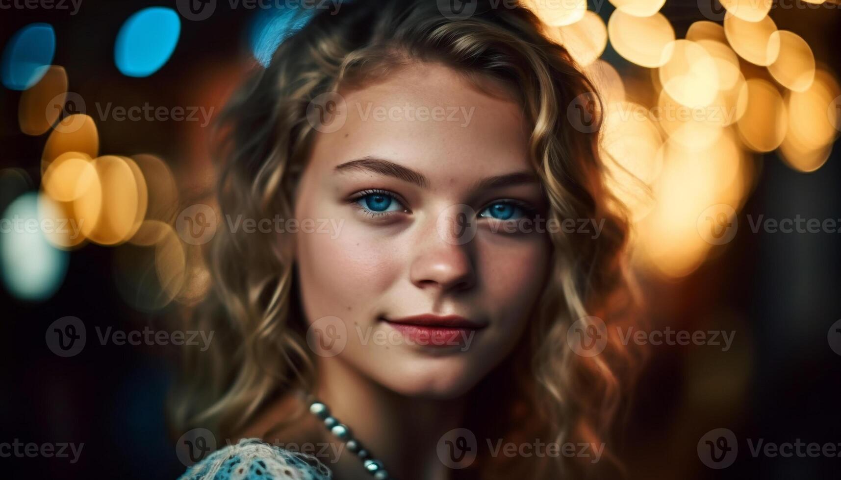 Beautiful young woman smiling, looking at camera generated by AI photo