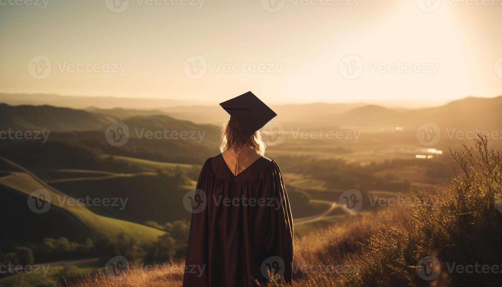 joven mujer soportes en graduación vestido, sonriente generado por ai foto