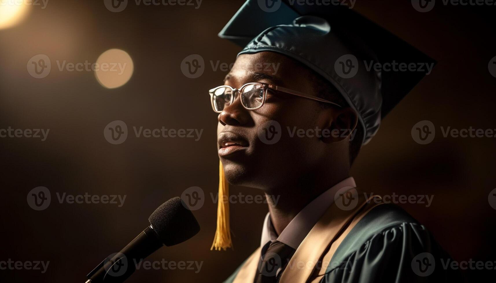 Young adult musician holds microphone with confidence generated by AI photo