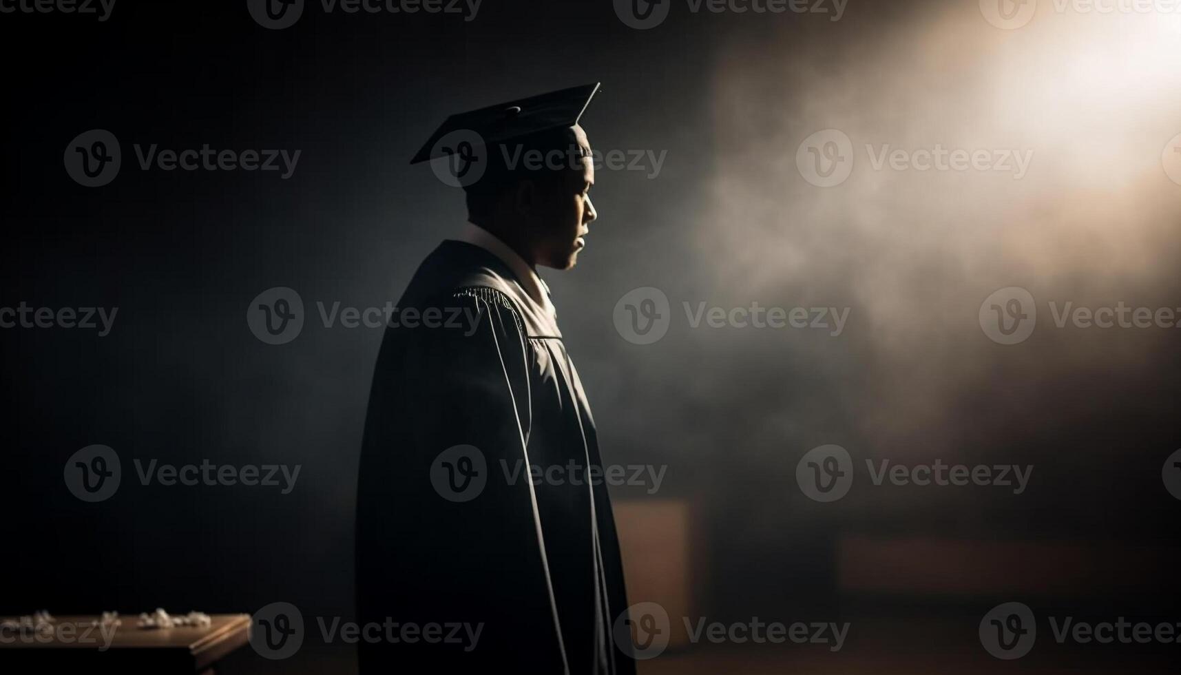 standing in graduation gown smiling generated by AI photo