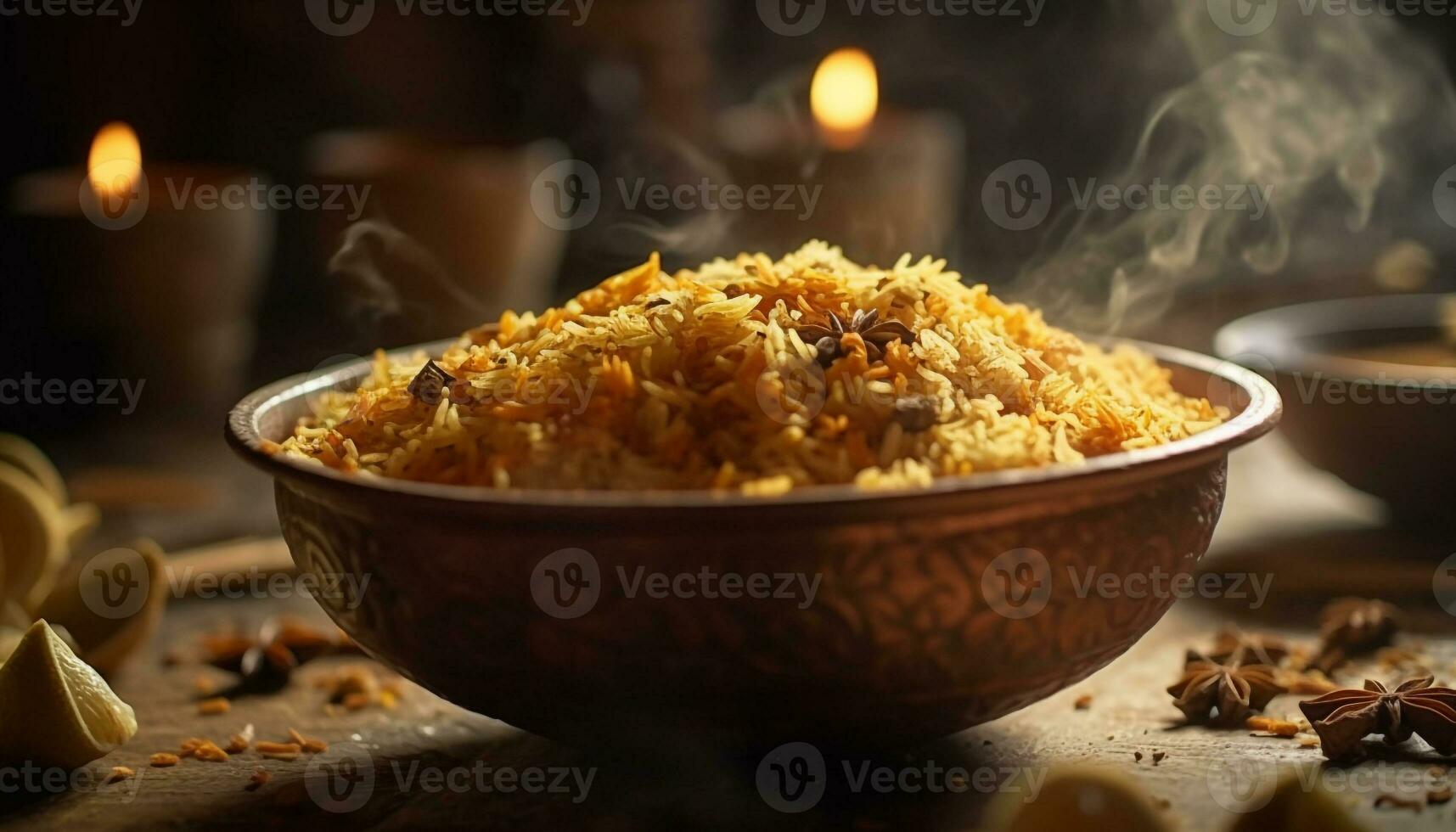 Gourmet Indian meal Basmati rice, meat, vegetable curry generated by AI photo