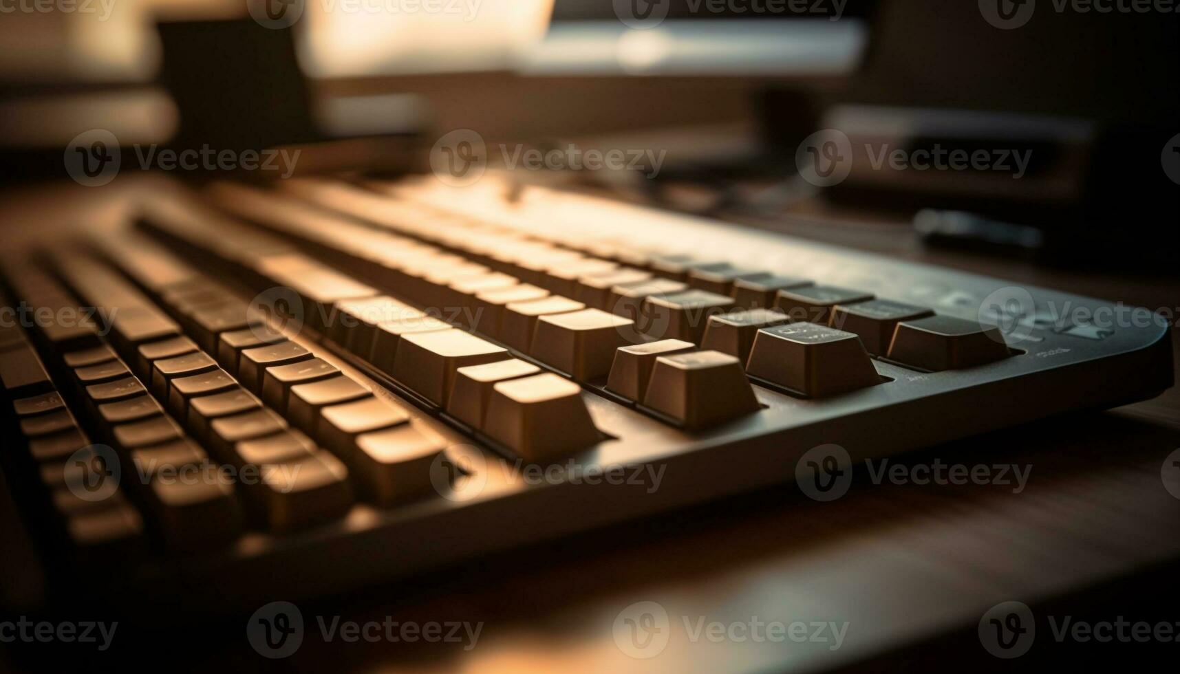 Pushing buttons on modern computer keyboard in dark generated by AI photo