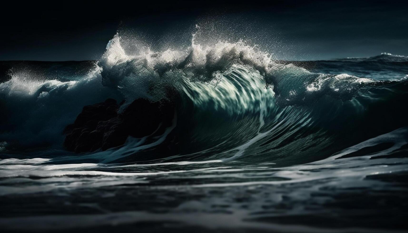 Breaking waves spray surfers in majestic seascape generated by AI photo