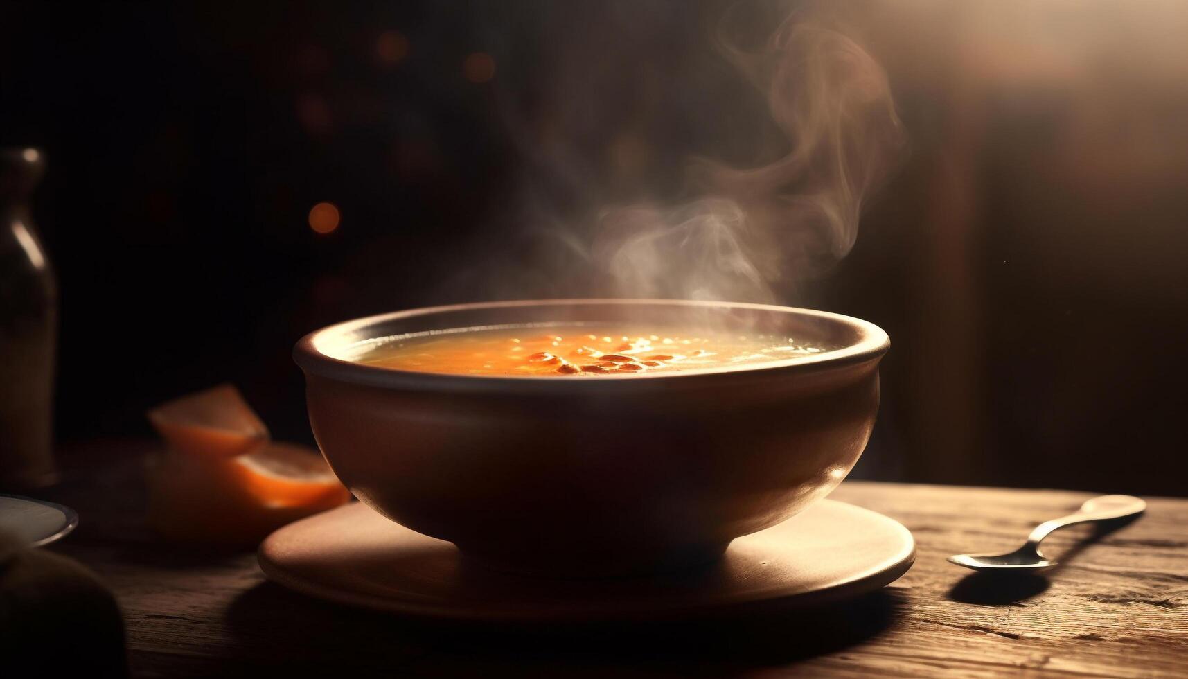 Steaming hot soup in wooden bowl generated by AI photo