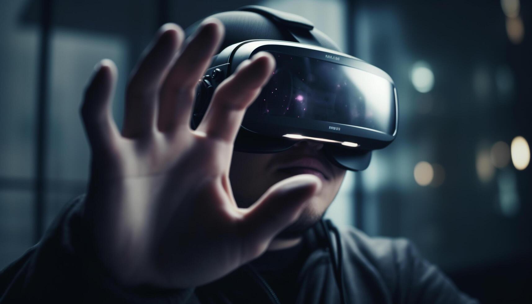 Young adult playing futuristic virtual reality simulator game generated by AI photo