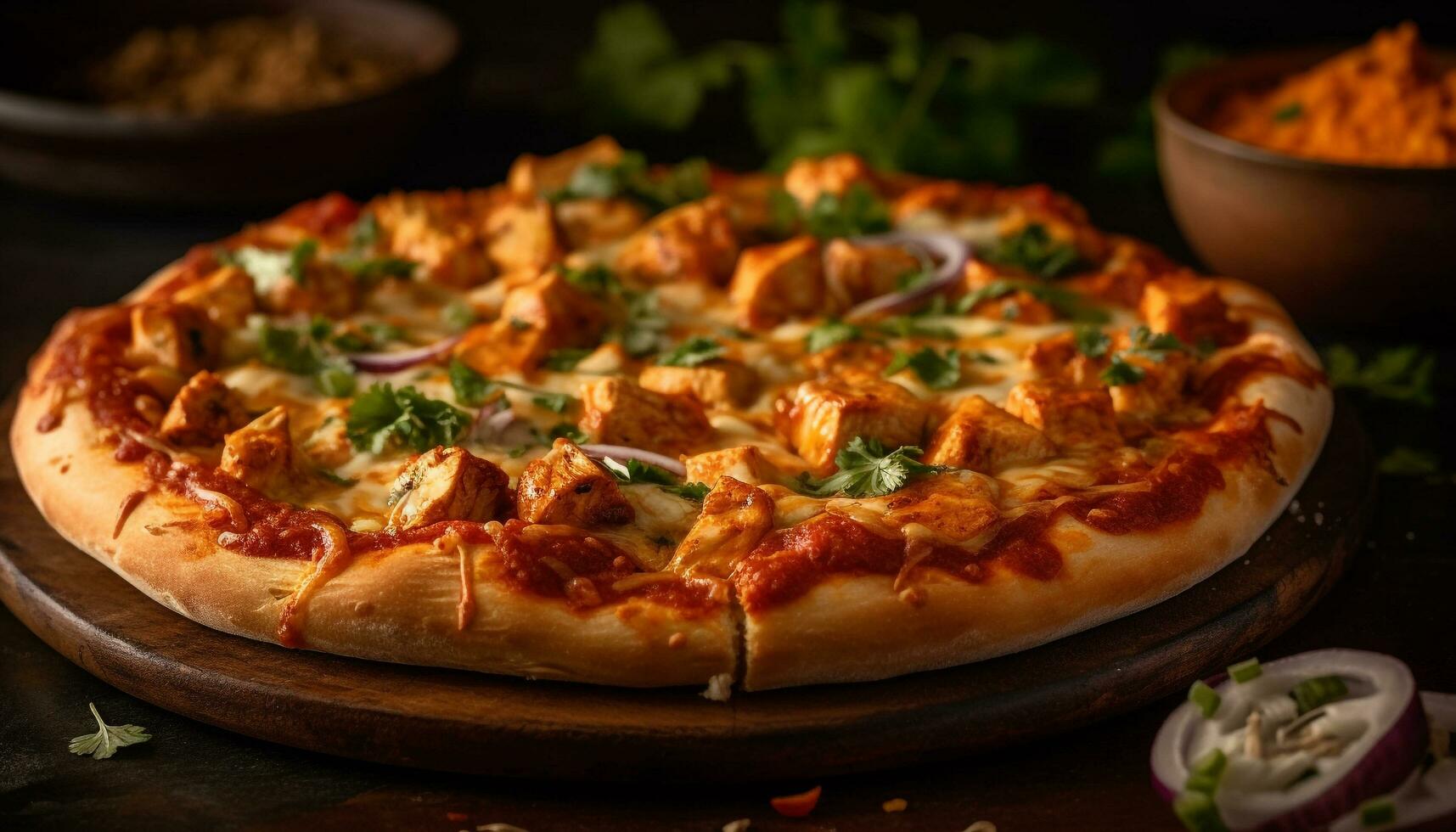 Freshly baked pizza slice on rustic wooden table generated by AI photo