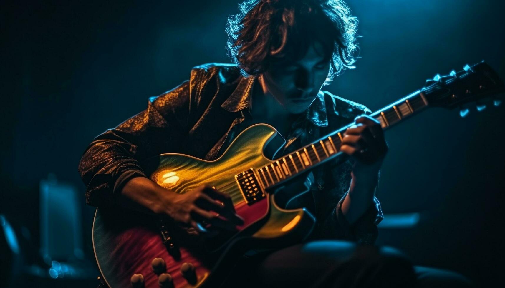 playing electric guitar on stage generated by AI photo