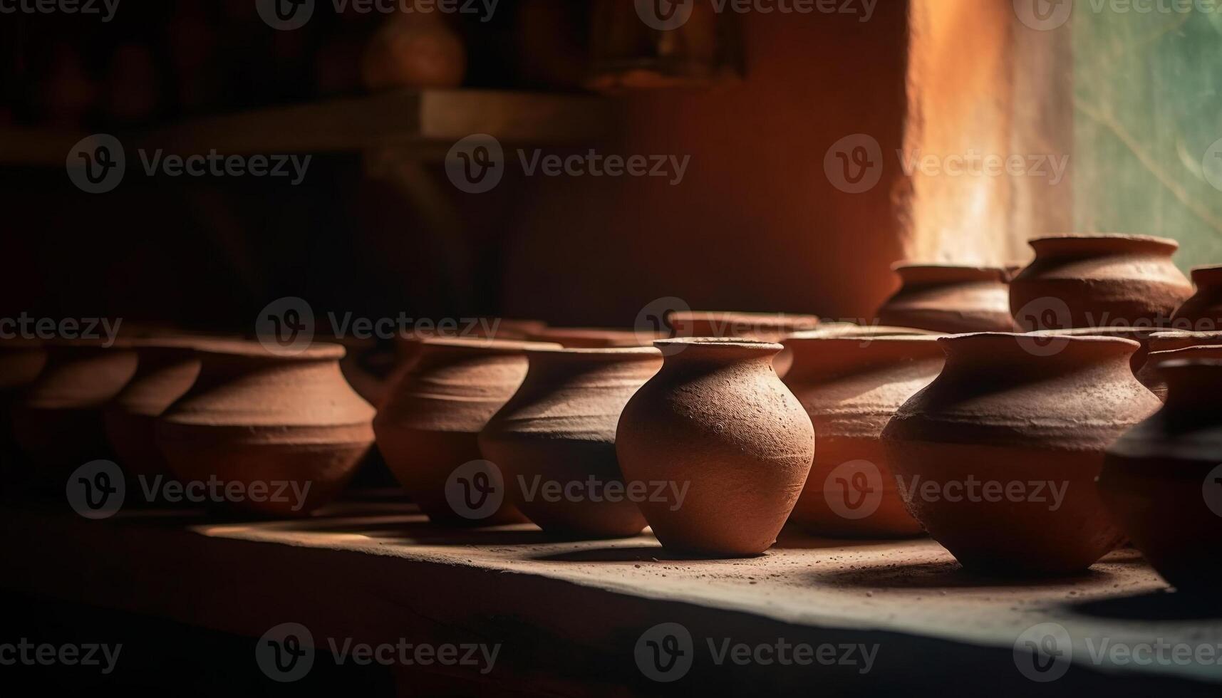 Earthenware pottery in ancient indigenous culture workshop generated by AI photo