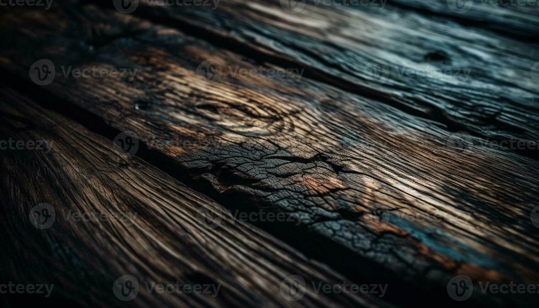 Rough weathered hardwood plank table, outdoors in forest generated by AI photo