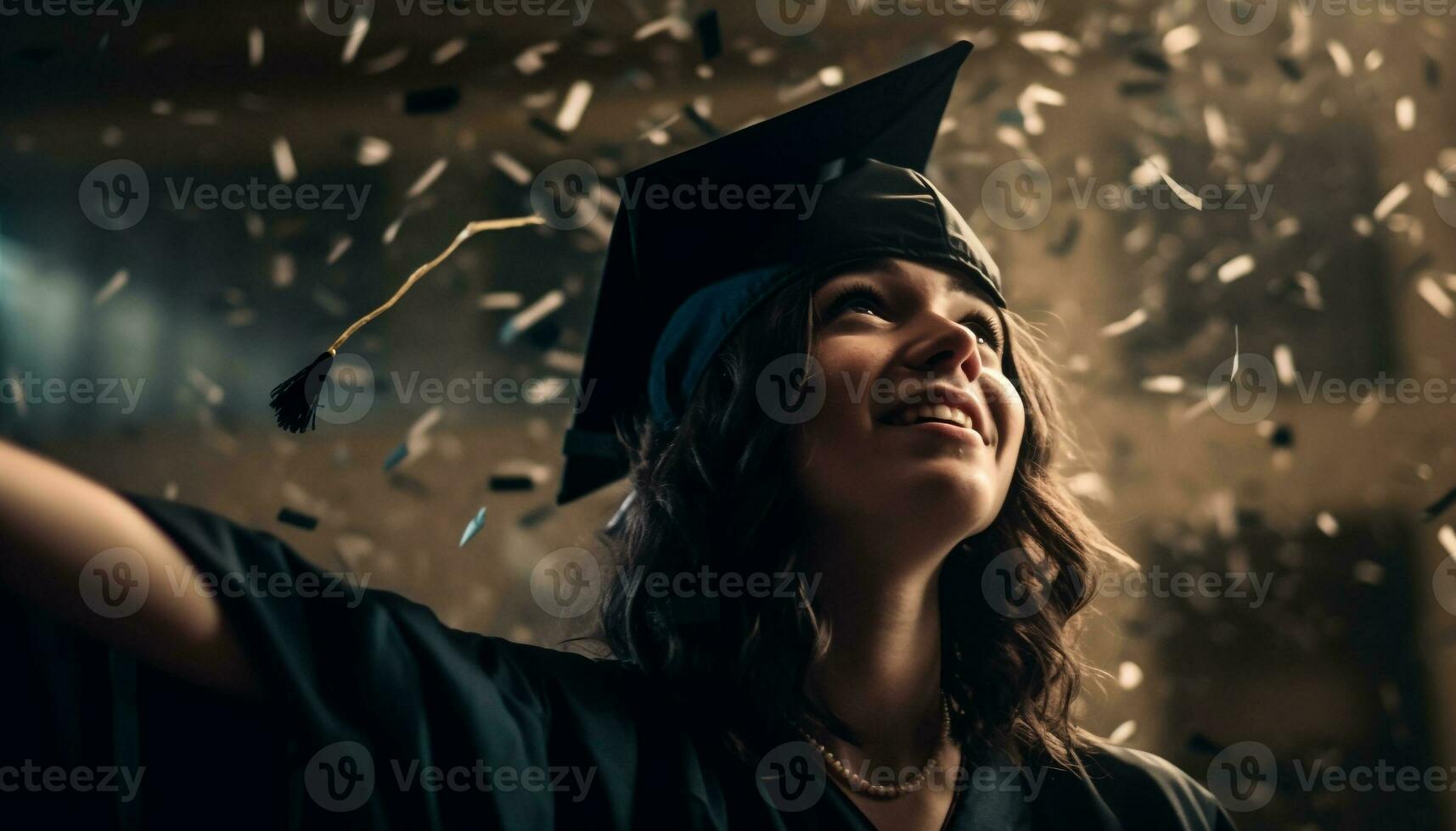 joven mujer lanza papel picado en celebracion de graduación generado por ai foto