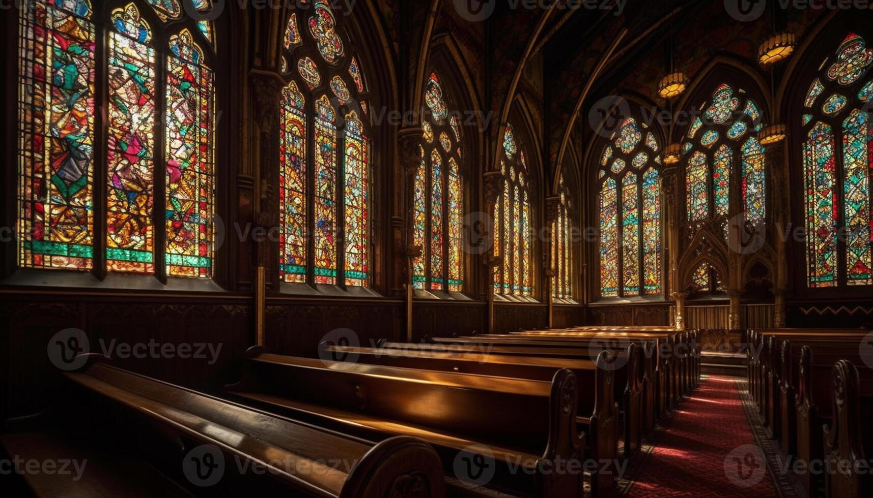 Majestic Gothic chapel with stained glass windows generated by AI photo