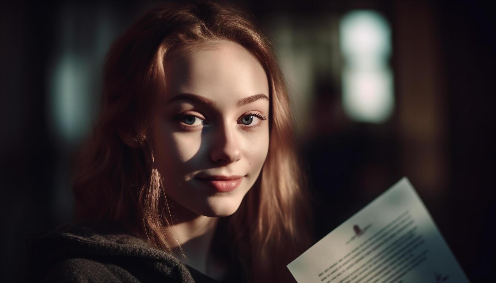 Young adult woman with brown hair smiling generated by AI photo