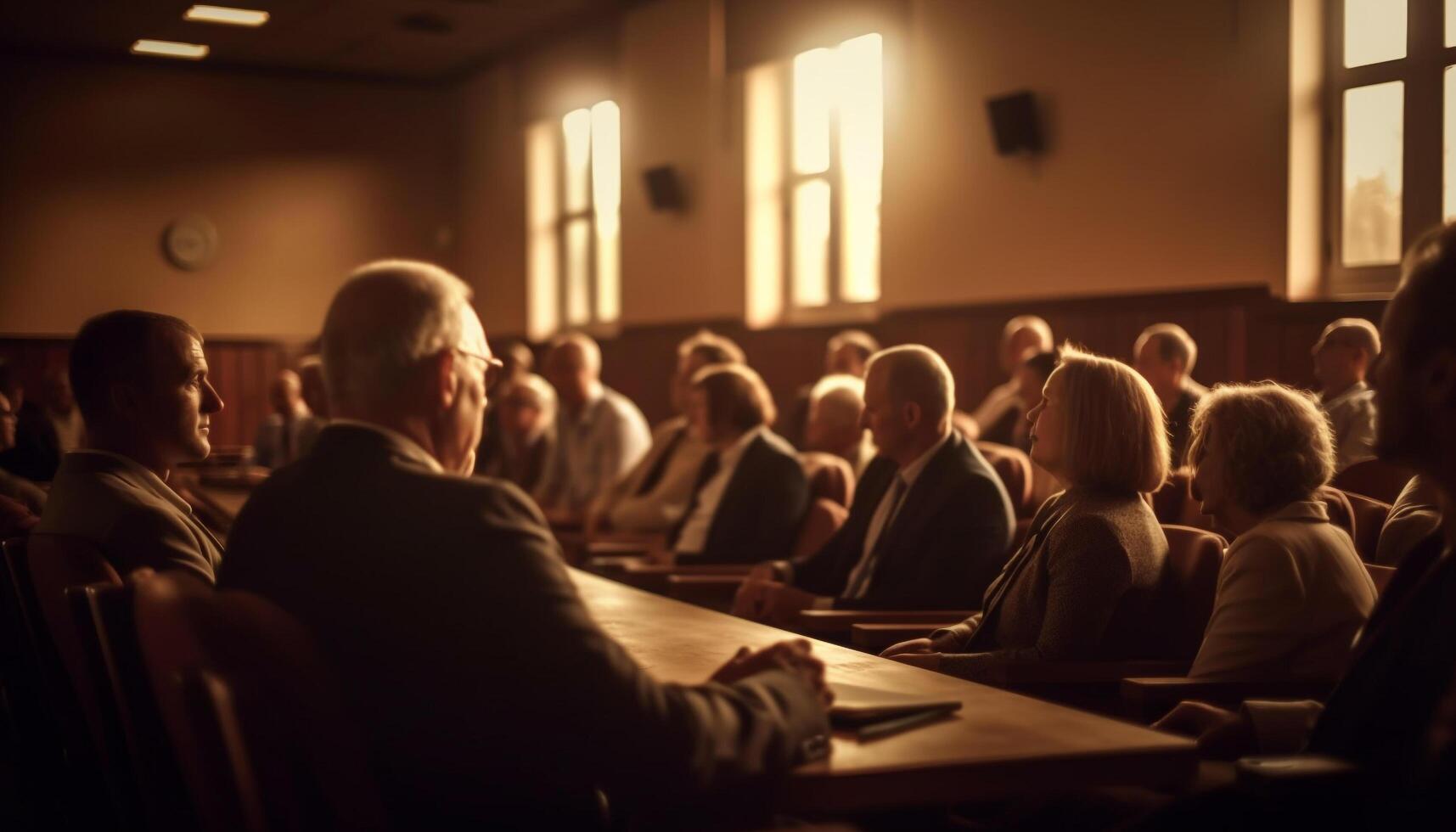 Large group of people sitting in classroom learning generated by AI photo