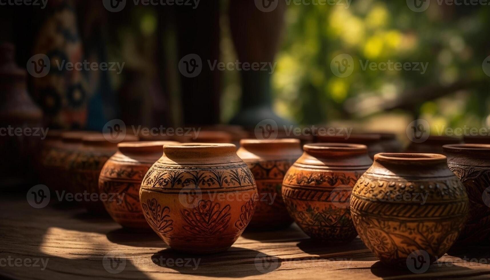 Antique amphora, ornate decoration, rustic terracotta jug generated by AI photo