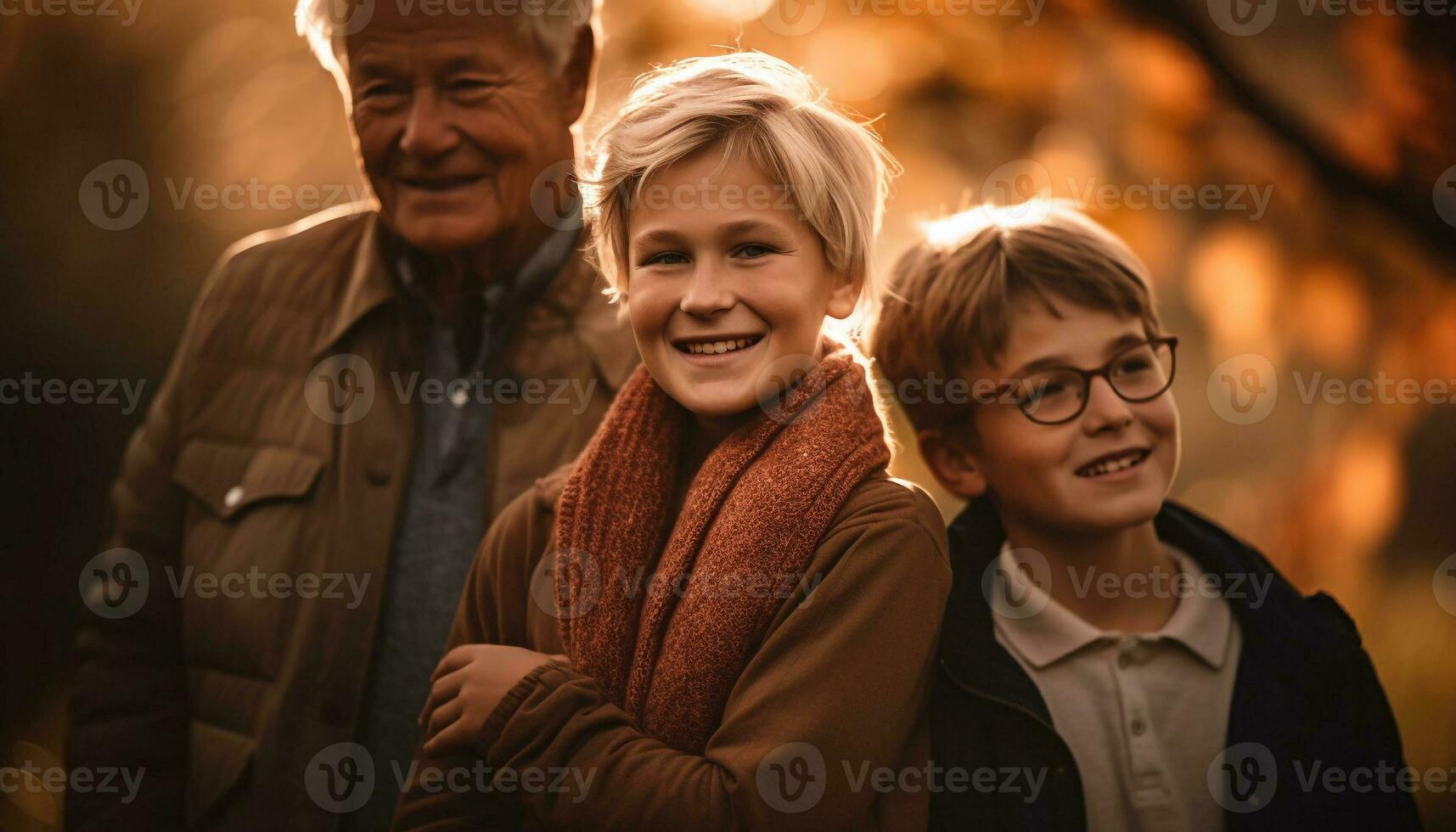 Multi generation family embraces nature in winter forest generated by AI photo