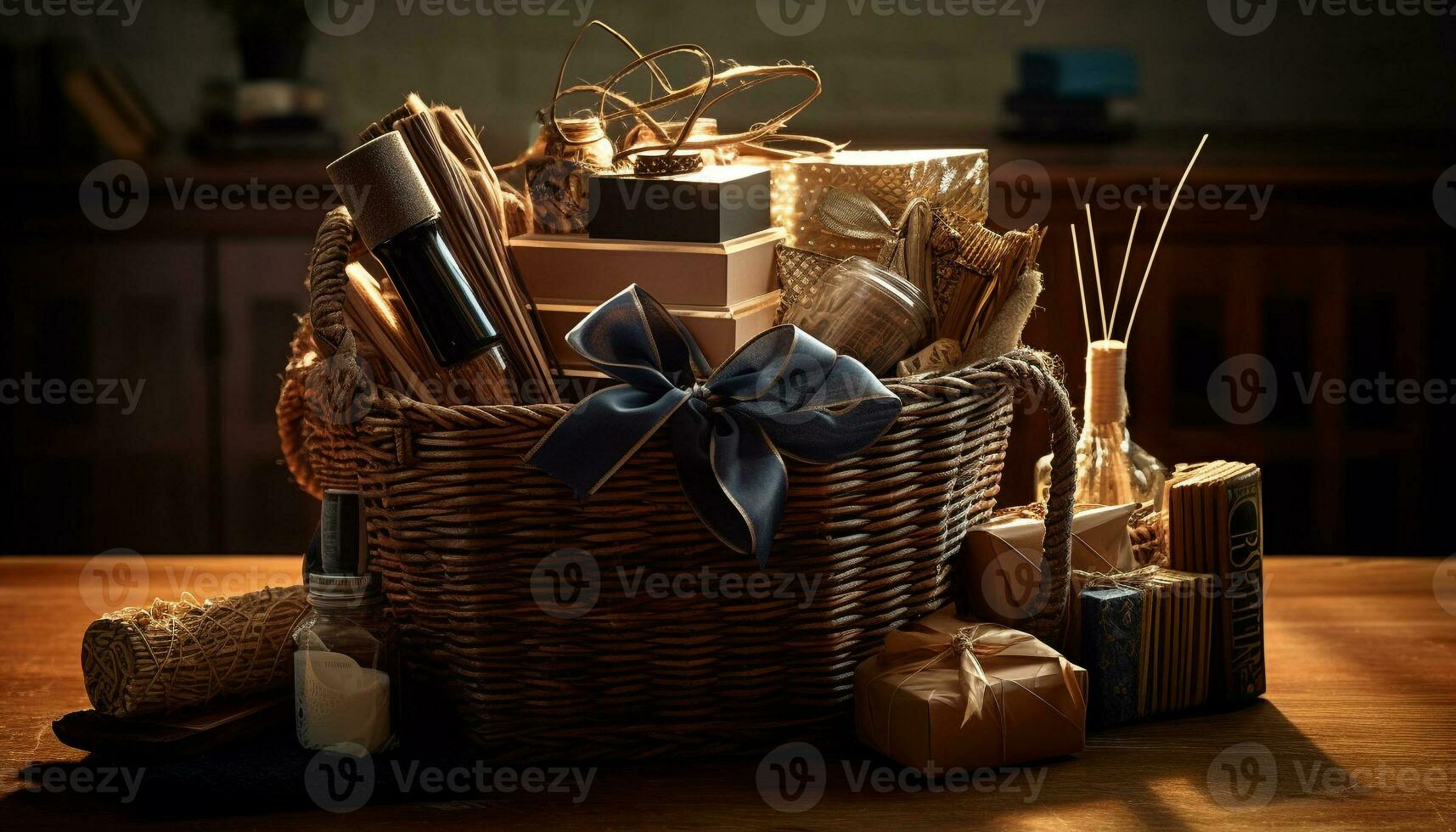Rustic gift box with homemade decoration stack generated by AI photo