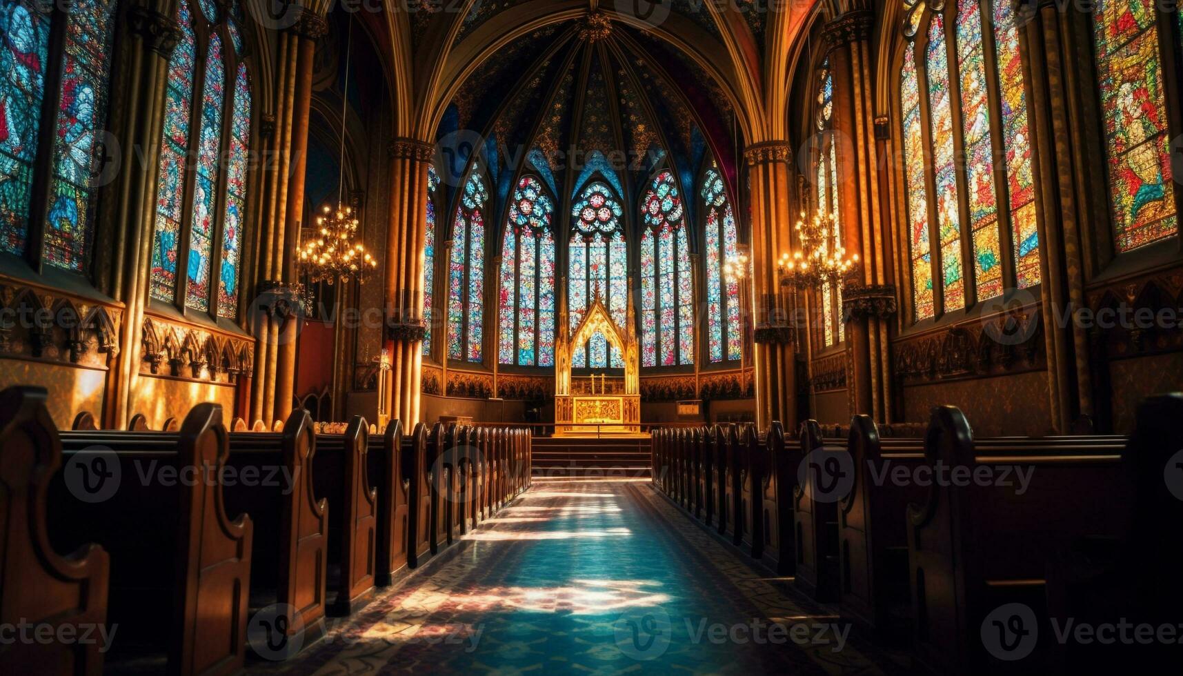 Majestic cathedral with stained glass and cross generated by AI photo