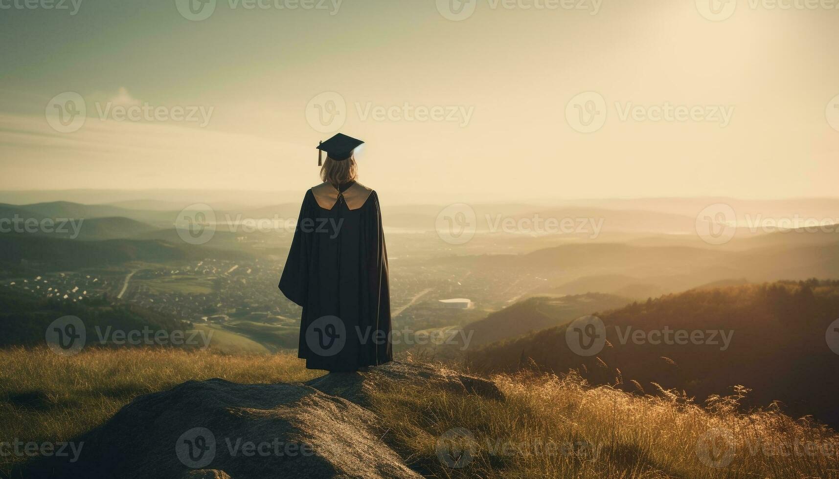 One person standing on mountain, achieving success generated by AI photo