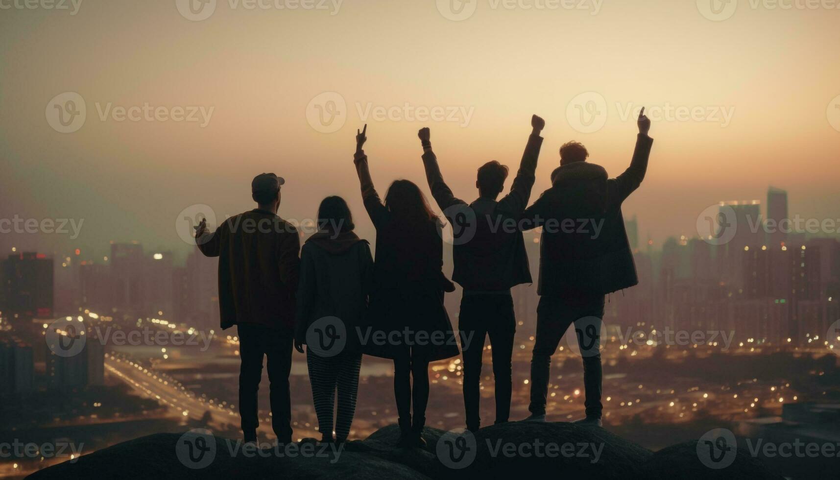 Young adults standing in city, arms raised celebrating generated by AI photo