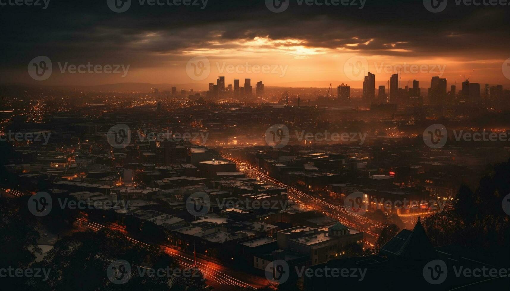 Glowing city skyline at twilight, no people generated by AI photo
