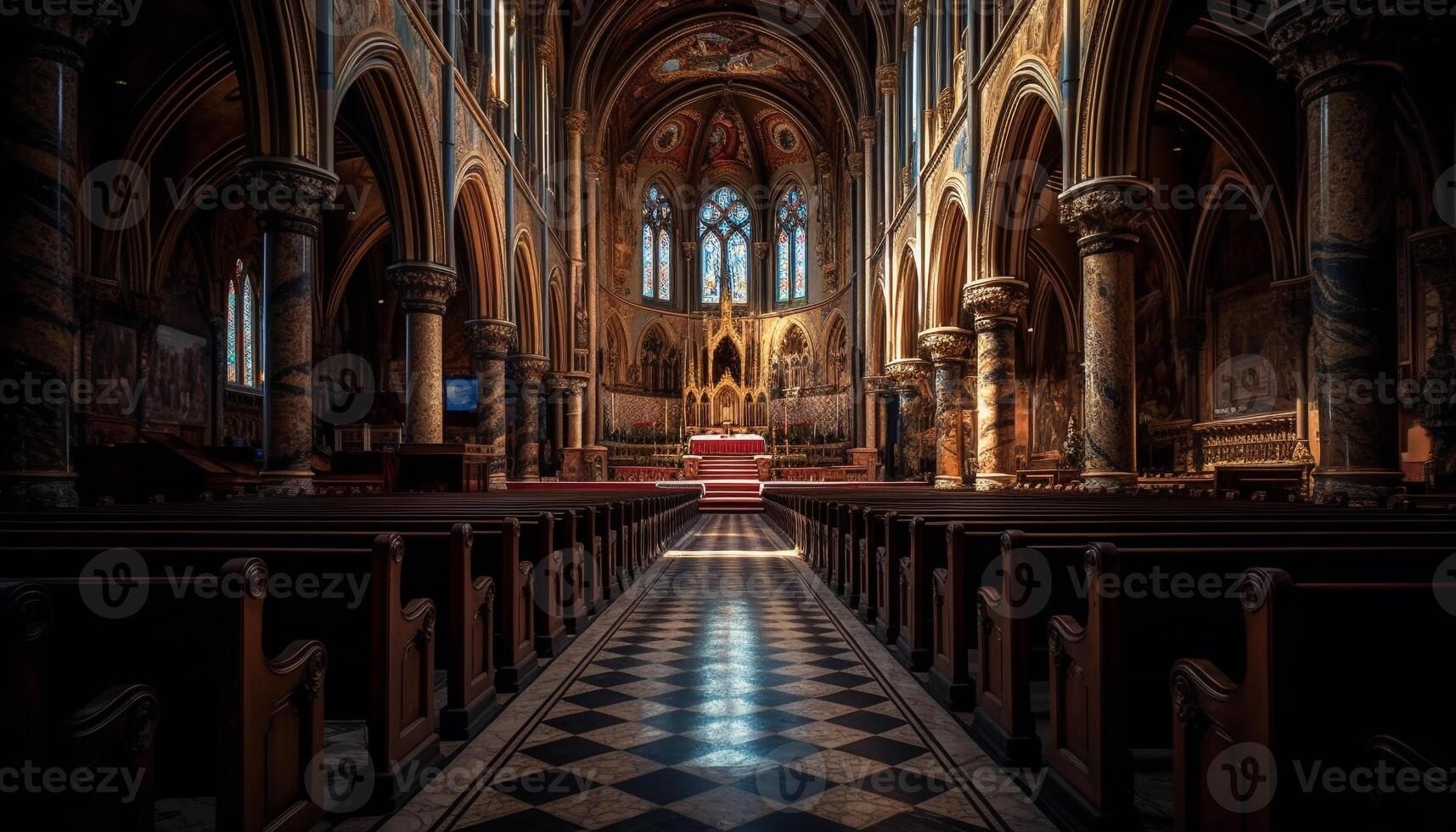 Majestic Gothic chapel with stained glass windows generated by AI photo