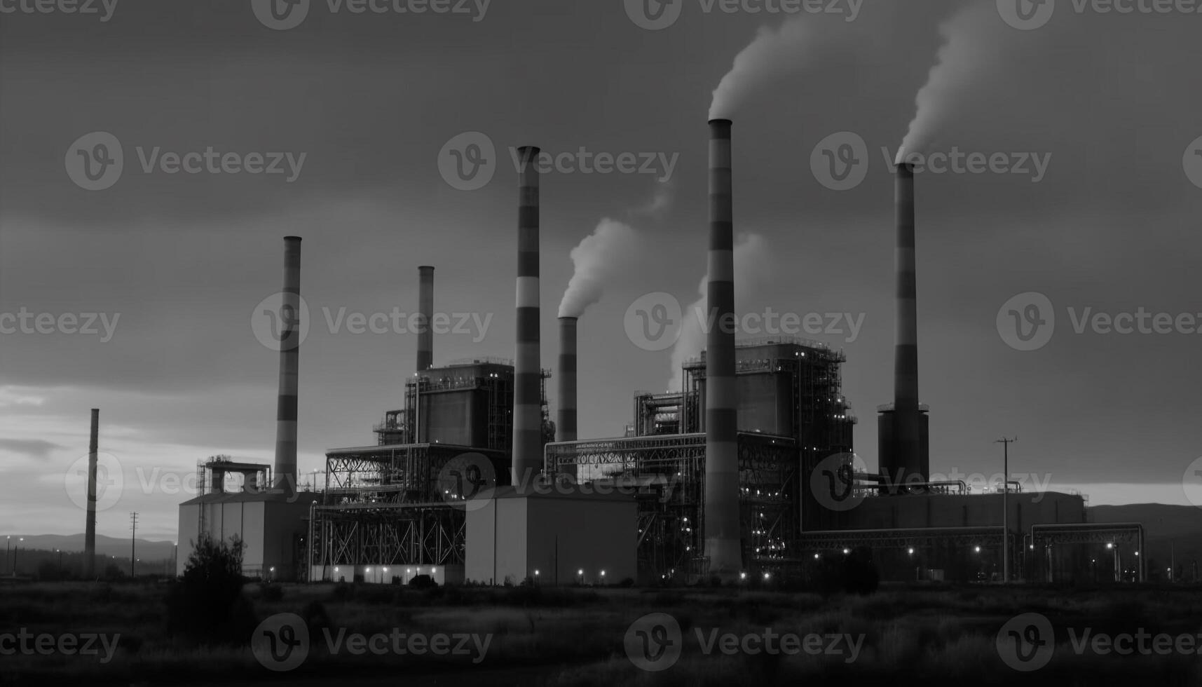 Smokestacks belching fumes pollute the natural environment generated by AI photo