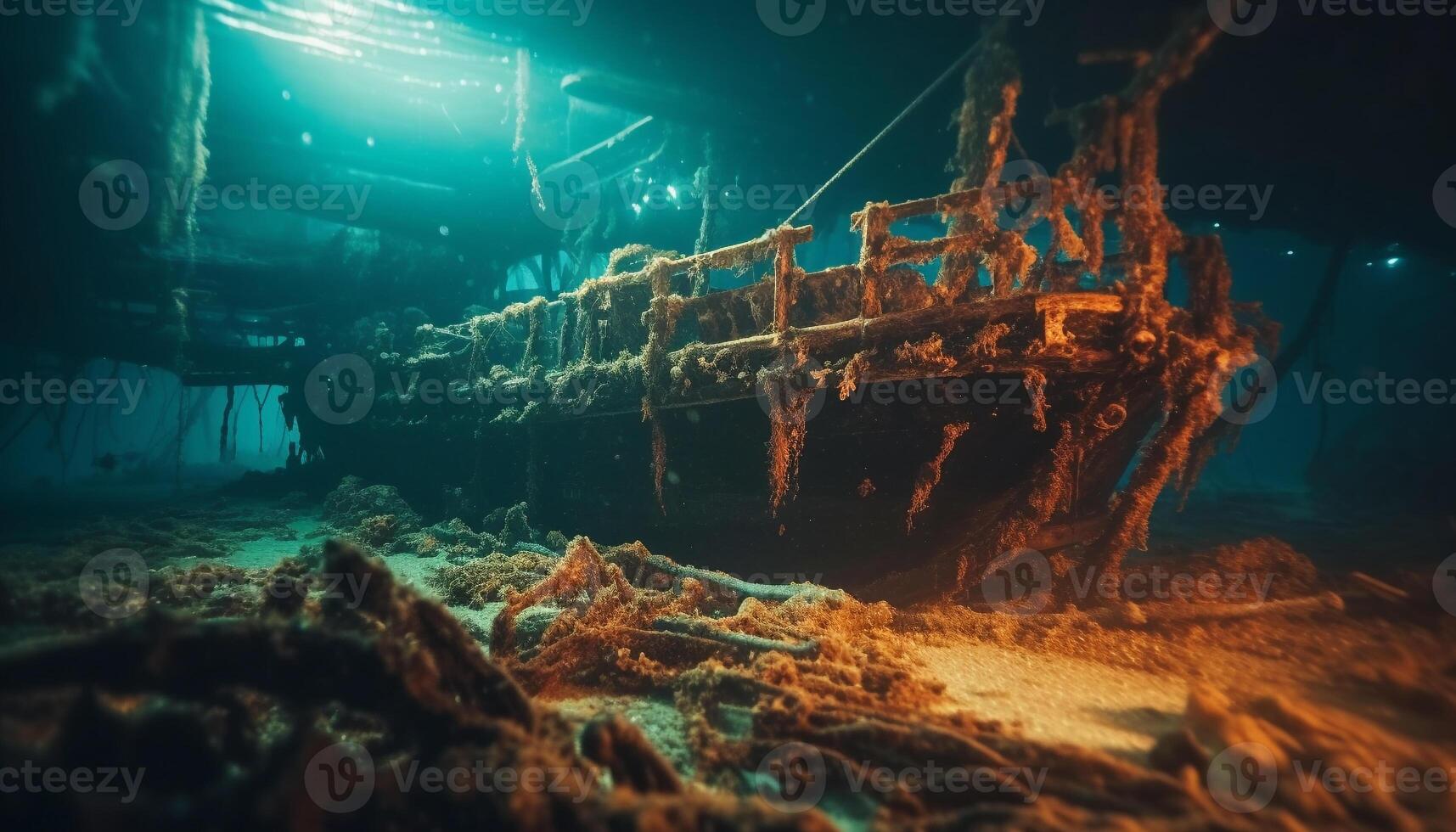 Exploring the abandoned shipwreck, a scuba adventure generated by AI photo